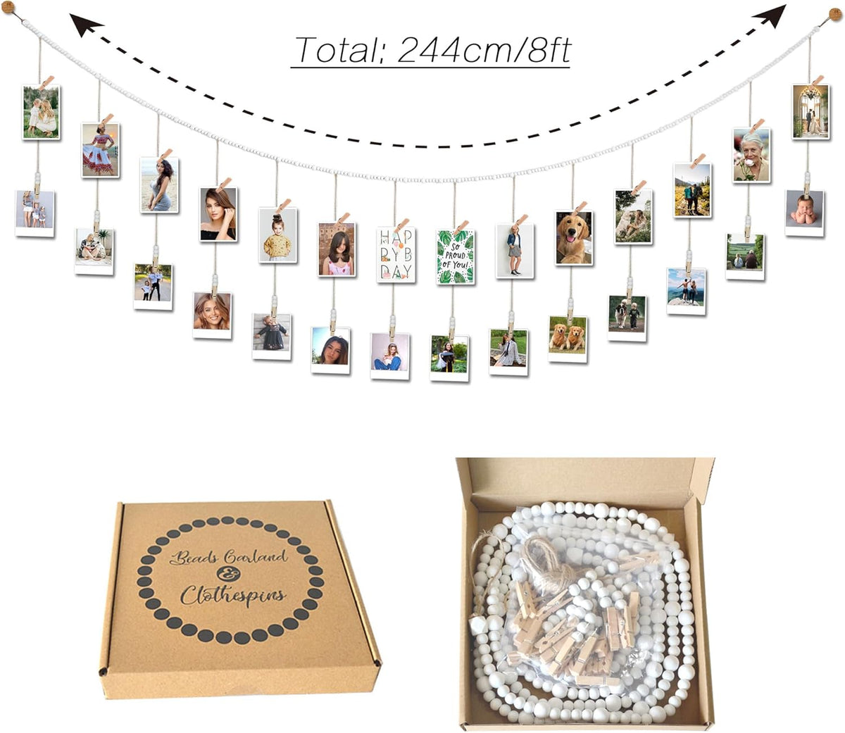 8 Feet Wooden Beads Garland with Clothespins Picture Cards Holder - Country Farmhouse Christmas Nursery Boho Holiday Decorations with Clips