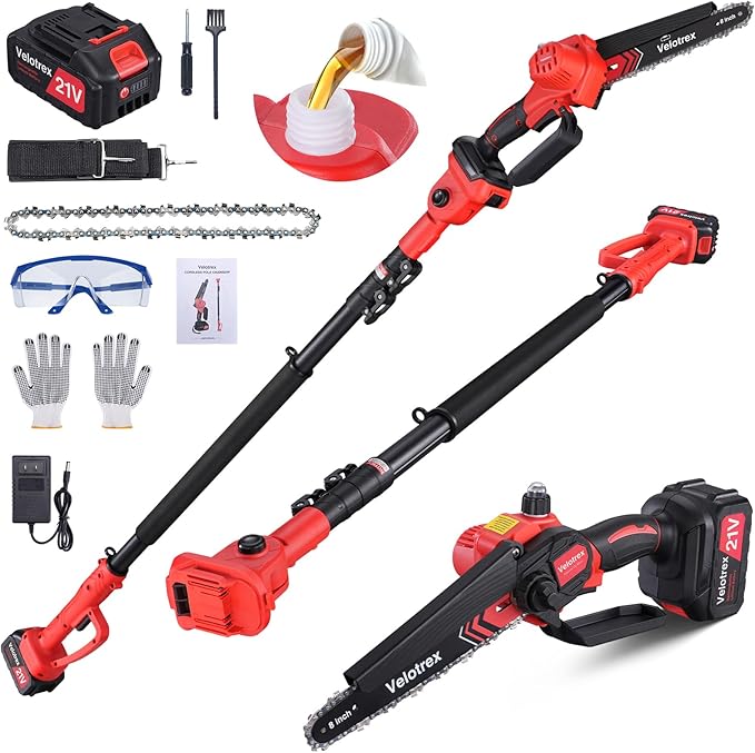 2-IN-1 Cordless Pole Saw and Mini Chainsaw, 8 Inch Electric Pole Saws for Tree Trimming, Auto Oiling, 15ft Max Extension Pole Chainsaw with 21V 4.0Ah Battery for Wood Branch Cutting