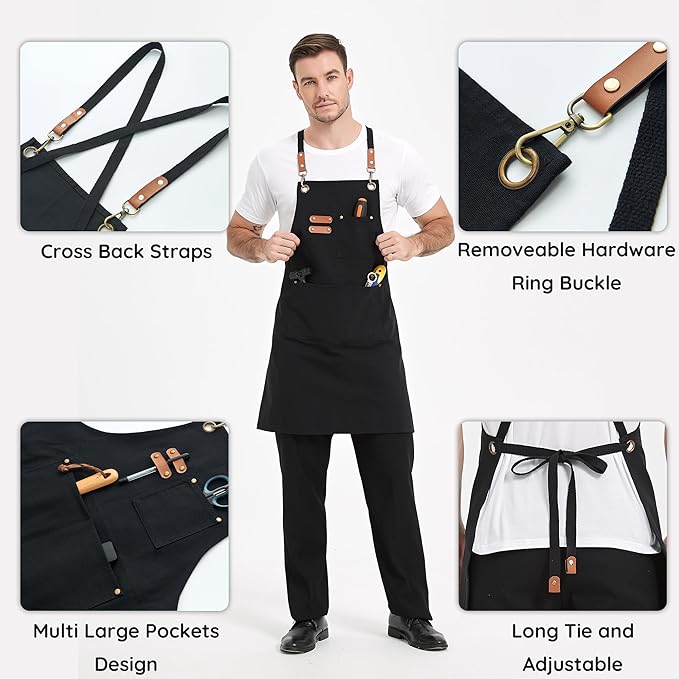 Canvas Aprons, Kitchen Chef Aprons, Work Aprons for Men Women, Adjustable Strap Aprons with 3 Pockets