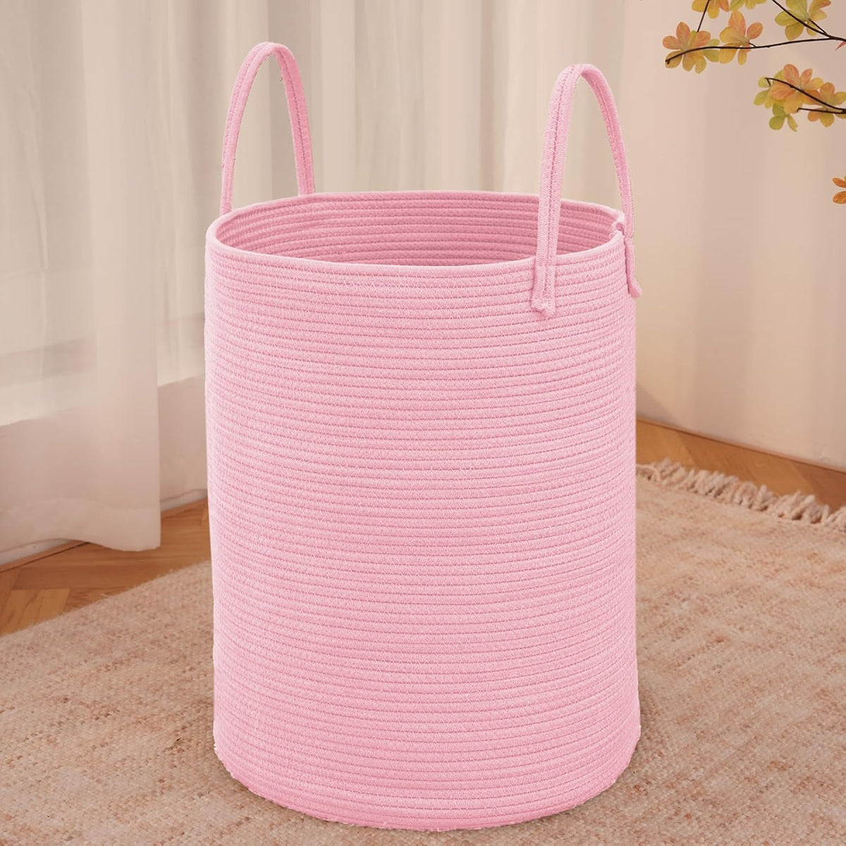 Large Woven Laundry Basket Hamper,80L Cotton Rope Storage Bin for Blankets,Toys and Clothes,Decorative Tall Nursery Hamper for Living Room,Baby Nursery,Bathroom and Bedroom,Pink