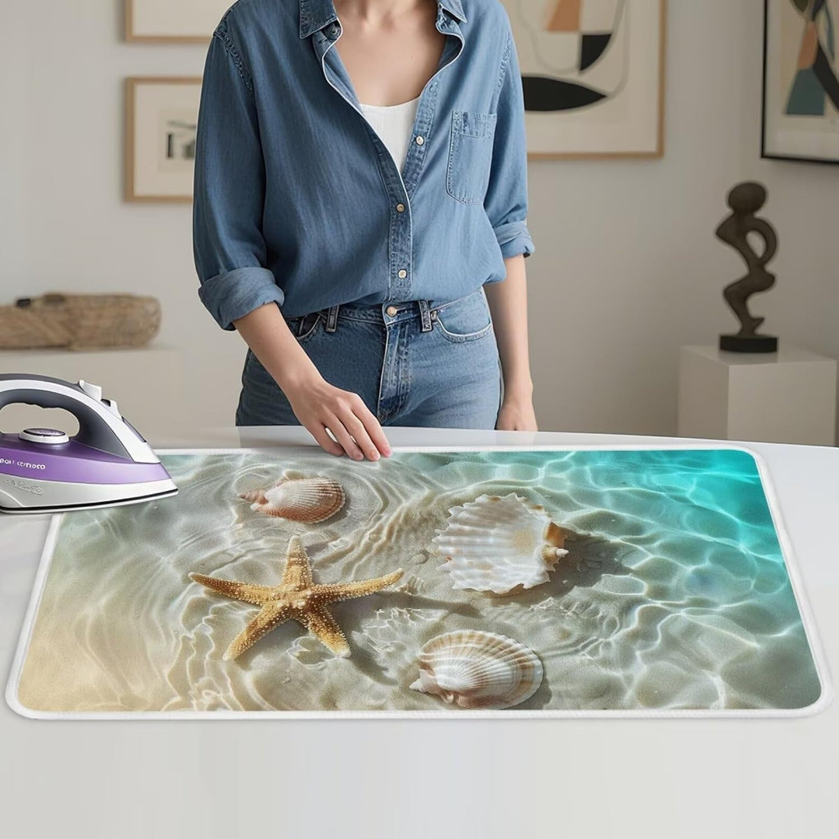 Ironing Mat Thickened Beach Starfish Ironing Blanket Travel Portable Ironing Pad Travel Isolate Heat Pad Cover for Washer Dryer Table Top Countertop 32 x 16 Inch