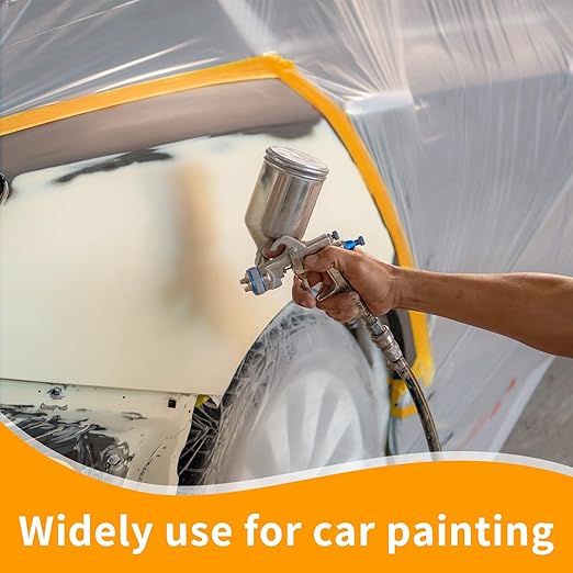Painters Plastic with Tape 22" x 66',Pre-Taped Masking Film for Painting,Paint Protection Film with Built-in Tape, Drip-Free Painting for Cars,Walls, Floors, Furniture（2 Rolls）