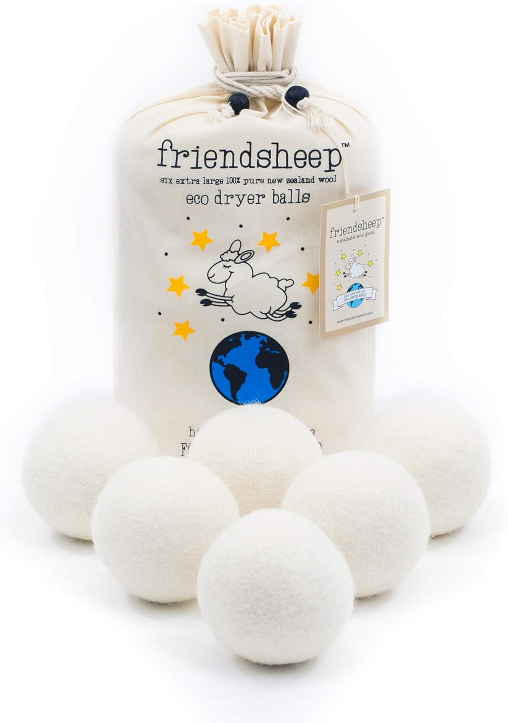 Friendsheep Wool Dryer Balls, Organic Reusable Fabric Softener Alternative for Laundry, Handmade, Fair Trade, Hypoallergenic, Eco-Friendly, Plastic-Free (6 Pack XL – Creamy White)