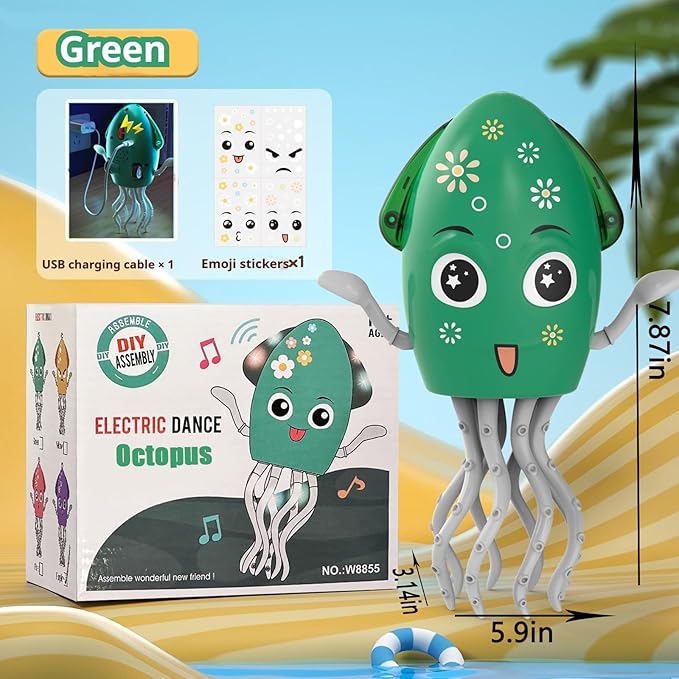 Dancing Octopus Toy Electric Crawling Baby Toy with Lights & Music Tummy Time Octopus Toy | DIY Expressions, Obstacle Avoidance | for Boys and Girls Party Gift Birthday, Christmas (Green)