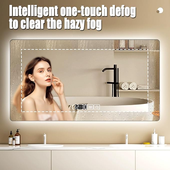 Backlit LED Illuminated Bathroom Mirror with LED Lights, Lighted Bathroom Makeup Wall Mounted Mirror with Demister Pad, Sensor Touch Switch, Horizontal/Vertical(B,H70*W90CM/H27.5*W35.4IN)