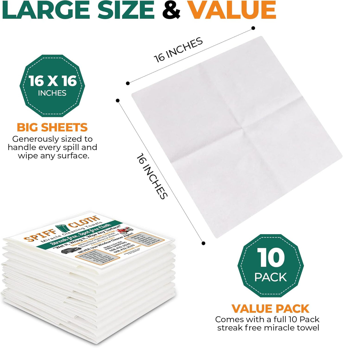 Miracle Cleaning Towels (10-Pack), Streakfree Cloths for Multi-Purpose Cleaning, Chemical Free, 16" x 16" Reusable and Washable