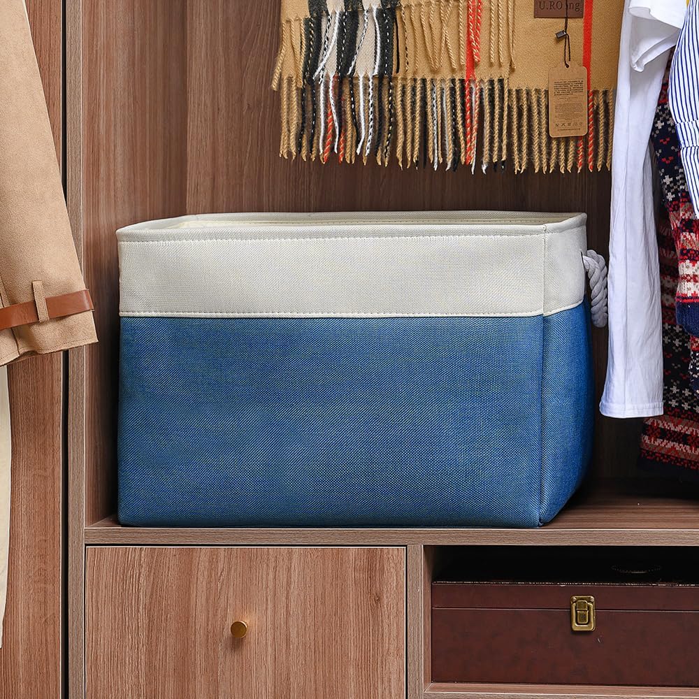 TheWarmHome Organization and Storage Basket for Shelves - Jumbo 3 Pack 20x16x14 inch Collapsible Storage Bins for Organizing, Canves Storage Cubes for Gift Organizer Toys Closet (White & Jean Blue)