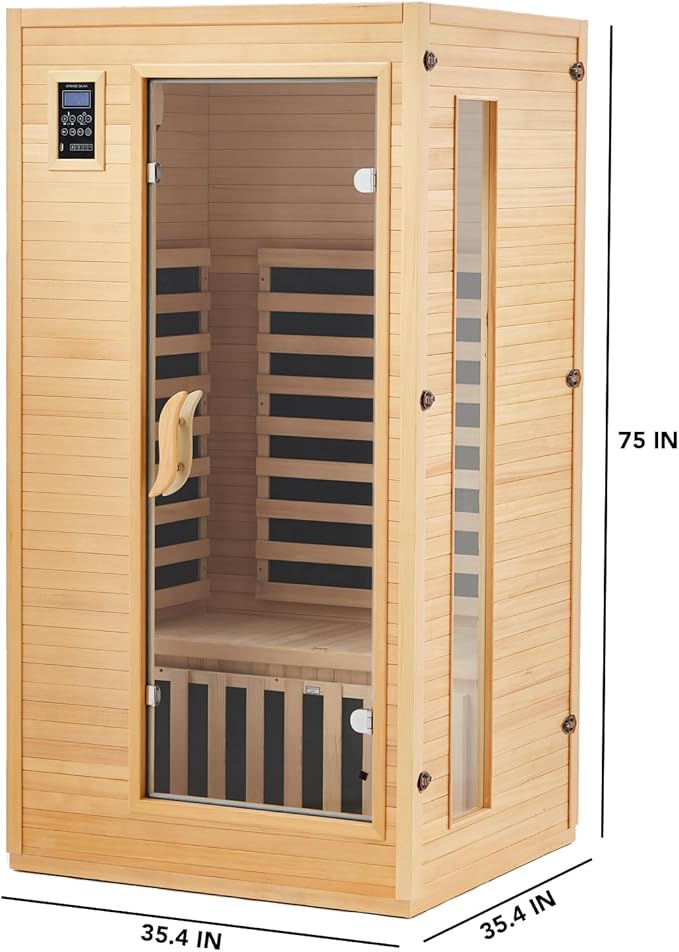 1 or 2 Person Sauna, Low EMF 6 Heating Plate Infrared Physical Therapy Wooden Dry Steam Sauna with MP3 Auxiliary Connection, Dual Controls, Iron Shirt Wall Plate, Home Spa Day Use, Winter Gift