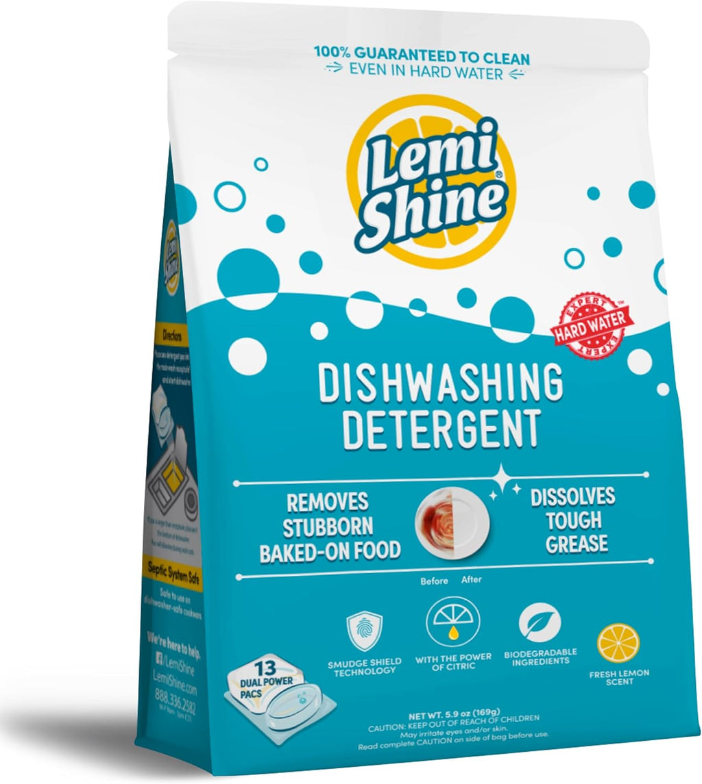 Lemi Shine Natural Dishwasher Pods | All-In-One Powder & Gel Dishwasher Detergent Pods with Powerful Citric Acid | Eco Friendly Dish Wash Cleaning Supplies (13 Count)