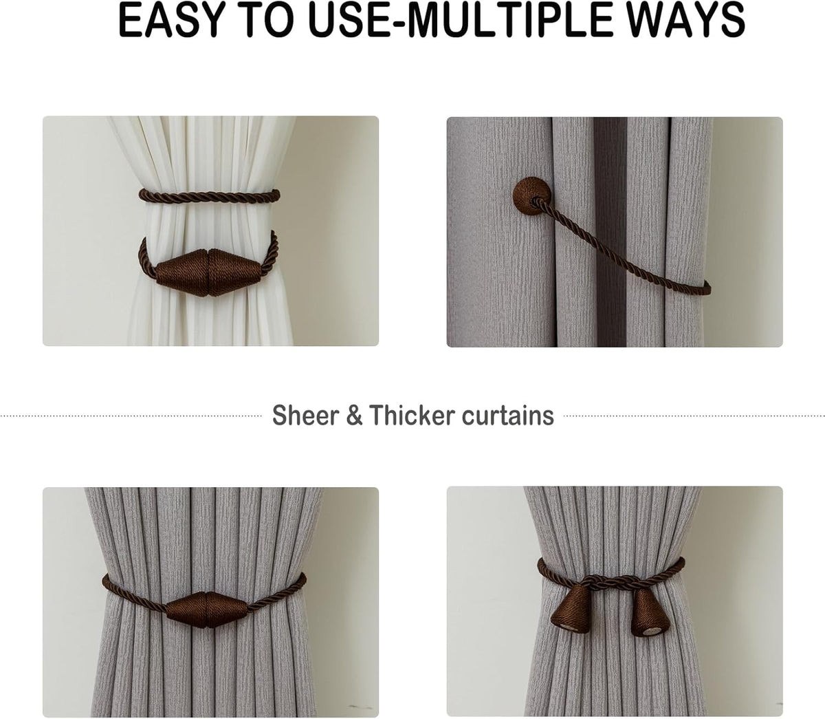 Magnetic Curtain Tiebacks 4 Pack Outdoor Rope Curtain Tie Backs Decorative Window Treatment Holdbacks for Home Decorative Curtain, Coffee