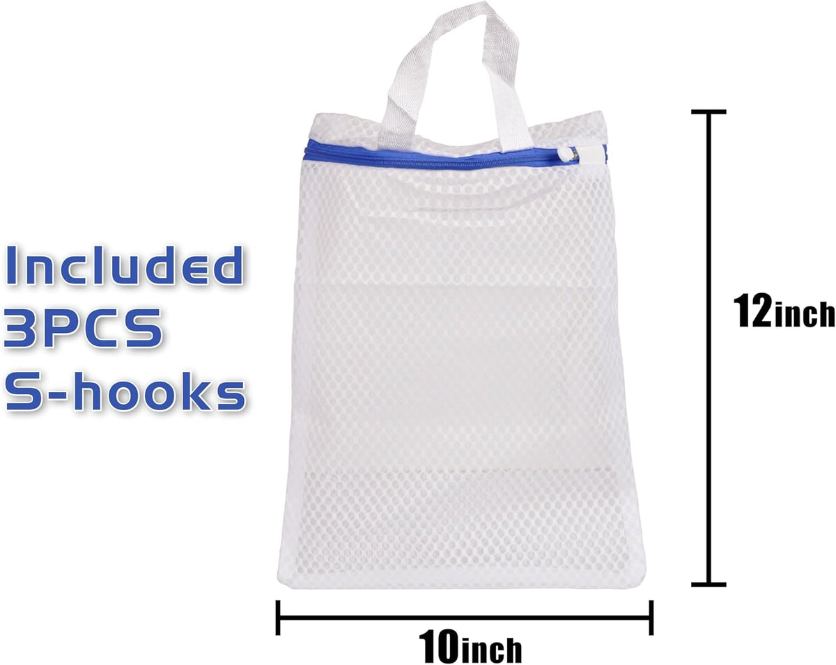 3 Pack Hanging Mesh Laundry Bags with S Metal Hooks,10x12 Inch Hanging Socks Laundry Bags, for Washing Machine