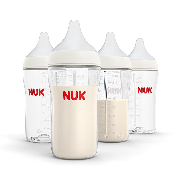 NUK Perfect Match 2-in-1 Natural and Anti-Colic Bottle with Medium Flow, Wide, Adaptable Nipple, 8oz., 4 Pack, BPA Free