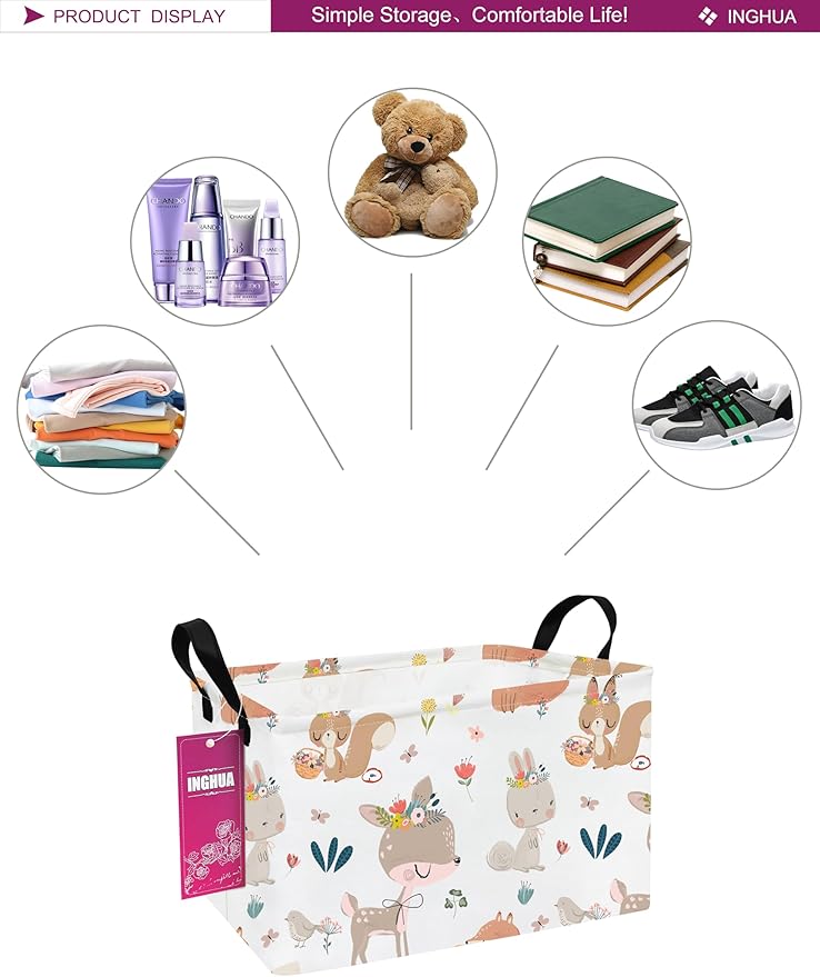 Rectangular Storage Basket Fabric Organizer Bin for Toys,Books,Clothes,Gifts,Pets-Perfect for Home,Office,Nursery,Dorm,Shelf(Rec-colorful animal )