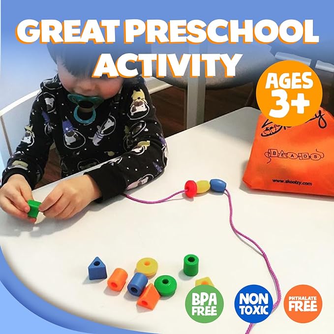 Skoolzy Lacing Beads 30 Pcs for Montessori Toys for 3 Year Old and Toddler Crafts Ages 2-4 with Beads for Kids Learning and Travel Activities Fine Motor Skills Toys