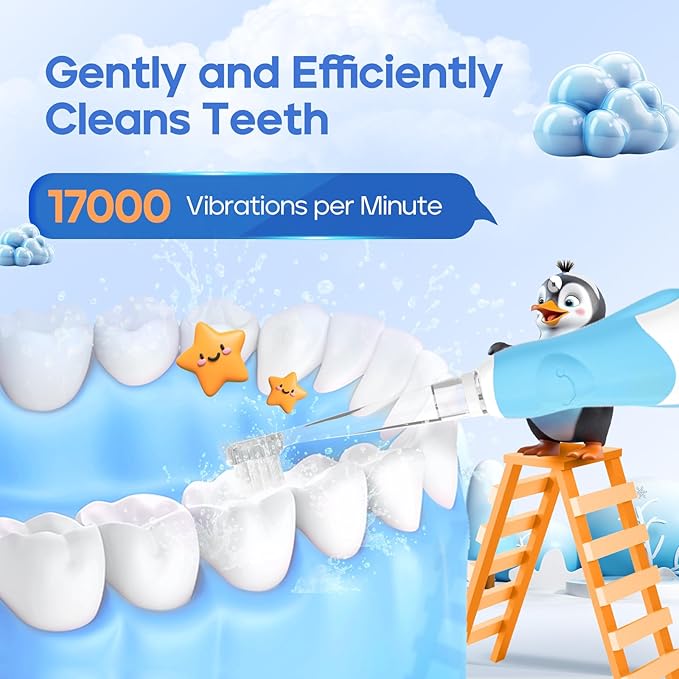 SEAGO Toddler Electric Toothbrushes for Baby Ages 0-3 Years, Baby Toothbrush with Smart Timer and Suction Base, 4 Replacement Brush Heads SG-513 (Blue-C)