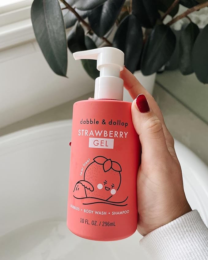 Dabble & Dollop Strawberry Body Wash & Shampoo – 3-in-1 Natural Bubble Bath for Kids, Made in USA, No Parabens or Sulfates, Vegan, Gluten-Free, Tear-Free (10oz, Pack of 2)