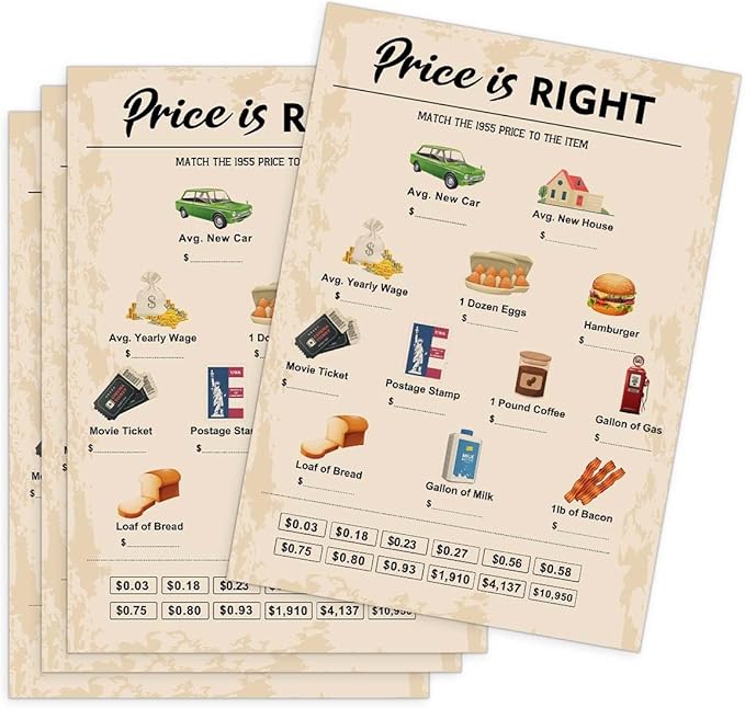 70th Birthday Party Games, Price is Right Games, Birthday Party Supplies for Adults, Fun 1955s Party Game，Pack of 30 Cards