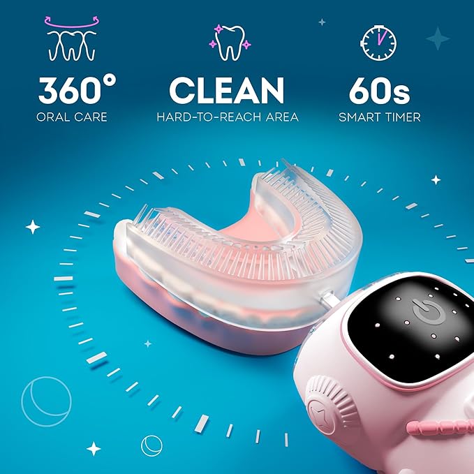Sensory 360 Round U-Shaped Astronaut Design Mouthguard Electric Toothbrush for Kids Ages 2-7 - Automatic Memory Function - 5 Modes Toothbrush with Multiple Heads – Kids Travel Essentials (Pink)