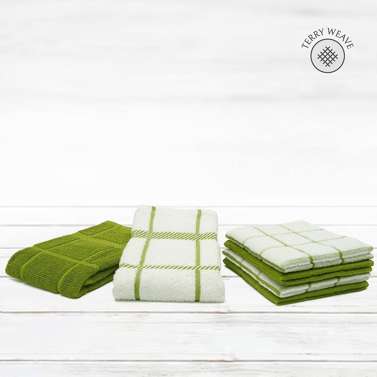100% Cotton Terry Dish Cloth & Dish Towel, 6 Pack, Super Soft and Absorbent Kitchen Towels, Perfect for Kitchen Cleaning and Dish Washing (Green (DT and DC Combo))