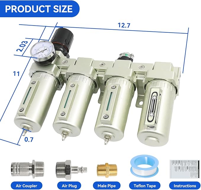3/4" NPT Industrial Grade 4 Stage Air-Dryer-for-Compressor, Air-Compressor-Water-Separator-System for Plasma Cutter and Paint Spray, 3Filter&1Dryer System，Manual Drain