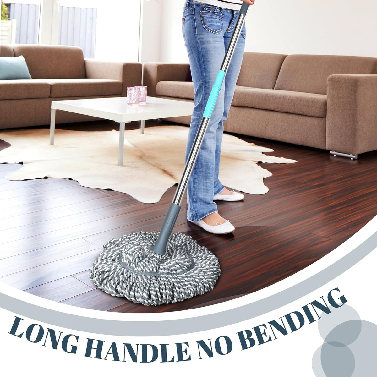 Self-Wringing Twist Mop for Floor Cleaning, Long Handled Microfiber Floor Mop with Top Scouring Pad for Kitchen, Hardwood, Restaurant, Bathroom, Garages, Warehouses, Office, 64-inch , Grey