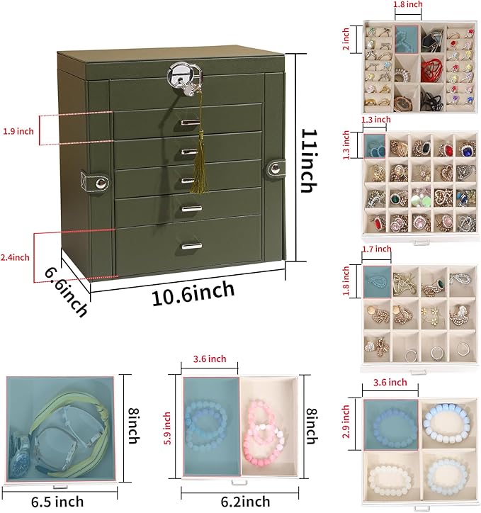 BOOVO Jewelry Box For women, 6 Layer Large Jewelry Organizer With Mirror, Multi-Function Storage Box With Lock, Accessory Holder With 5 Drawers, For Earrings Necklace Ring Bracelet (Army green)