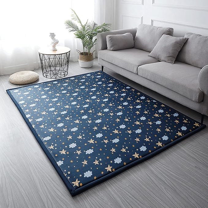 Loartee Coral Velvet Area Rug - 1" Thick Memory Foam Baby Play Mat, Washable Toddler Carpet, Home Decor for Living Room, Nursery, Kids Bedroom, Starry Blue, 4'11"x4'11"