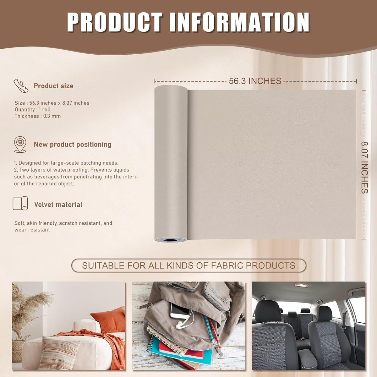 Azobur Couch Patches, Extra-Large Durable Fabric Tape, Ideal for Automotive Upholstery Repair, Waterproof, Self-Adhesive, Quickly Fix Sofas, Car Interiors, and Other Fabric Items (Beige Brown)