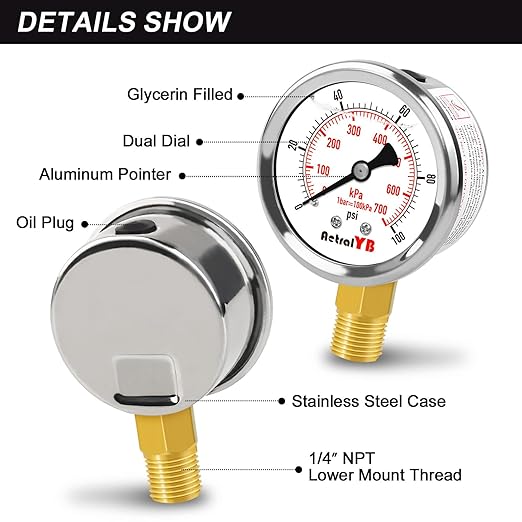 0-100 Psi 2-inch Pressure Gauge, Glycerin Filled, 1/4" NPT Lower Mount, Stainless Steel, Pool Sand Filter Pressure Gauge, Waterproof for Water Pump, Air Compressor, Well Tank, RV Regulator