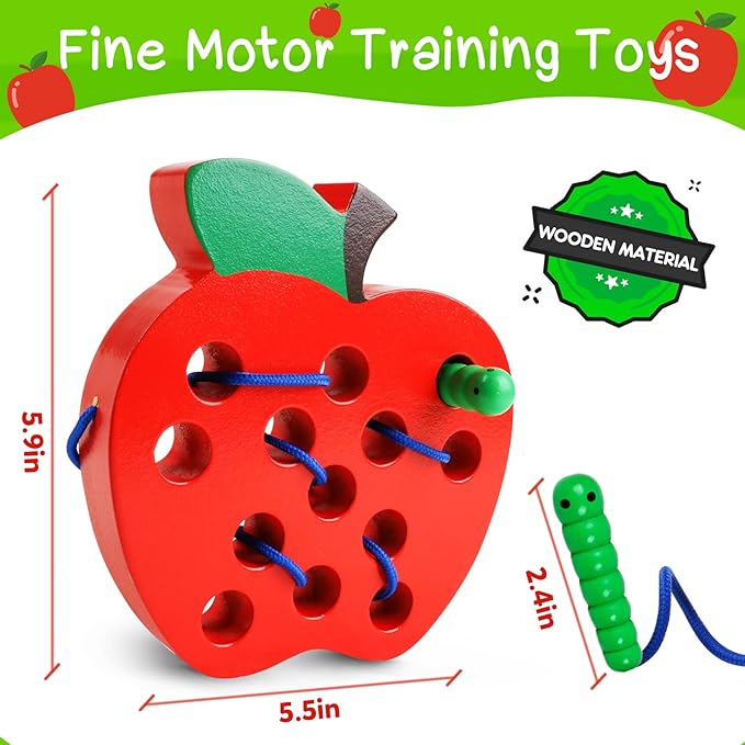 Skrtuan Wooden Lacing Apple Toy for Toddlers 3-5 Years Old, Montessori Fine Motor Skills Threading Puzzle, Educational Travel Gift for Boys & Girls