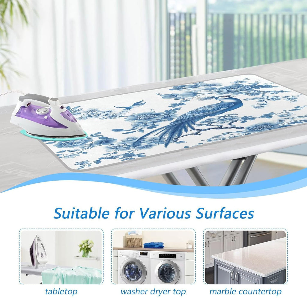 Chinoiserie Flower Peacock Ironing Mat Thickened Ironing Blanket Travel Portable Double-Side Using Ironing Pad Travel Isolate Heat Pad Cover for Washer Dryer Table Top Countertop 27.6x47.2in