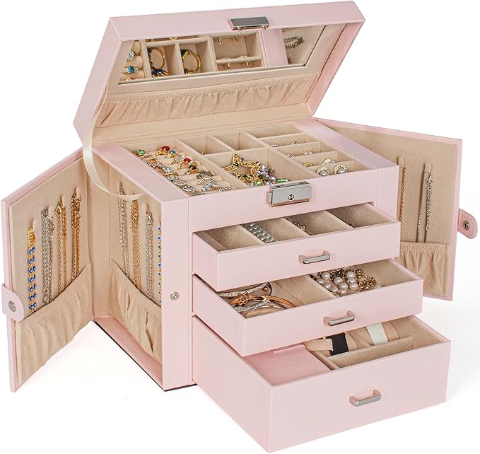 AKOZLIN 4-Tier Jewelry Box Lockable Leather Jewelry Storage Case Organizer with 3 Drawers for Women Girls Ring Necklace Earring Bracelet Watches Holder with Mirror Pink