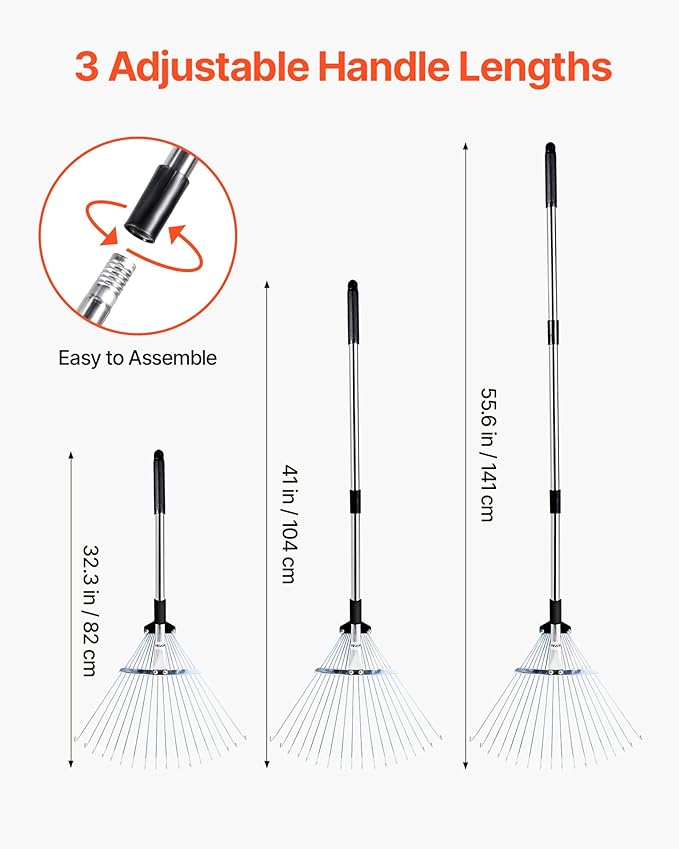 VEVOR Leaf Rake, 18 Metal Tines, Adjustable Garden Rake for Lawns with 7.7-17.1 Inch Head & 32.3-55.6 Inch Long Handle, Heavy Duty Stainless Steel Small Leaves Tool for Gardening Camping Yard Grass
