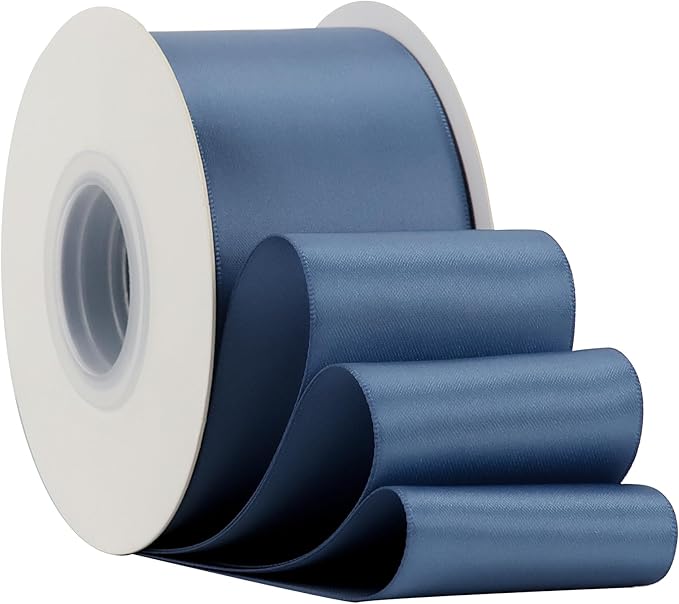 HUIHUANG Smoke Blue Ribbon 2 inch Wide Double-Faced Blue Satin Ribbon for Crafts, Bows Making, Flower Bouquet Wrap, Gift Wrapping, Wedding Bridal Shower Decor, Home Decor -25 Yards/Roll