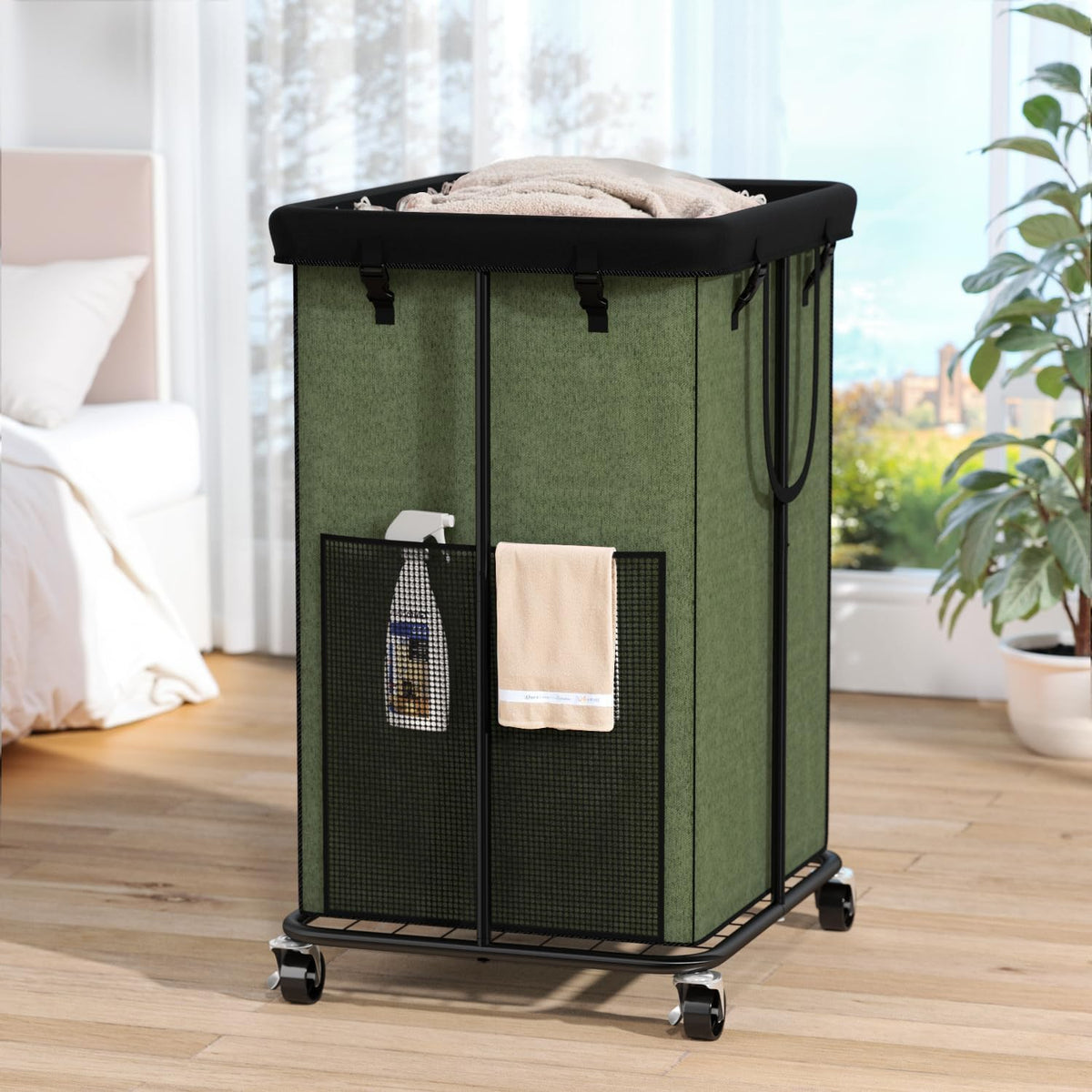 150L Laundry Hamper with Wheels, Rolling Laundry Basket with Metal Frame and Removable Bag, Large & Tall Dirty Clothes Hampers for Bedroom Aesthetic, Laundry Room, Bathroom, Dorm-Green