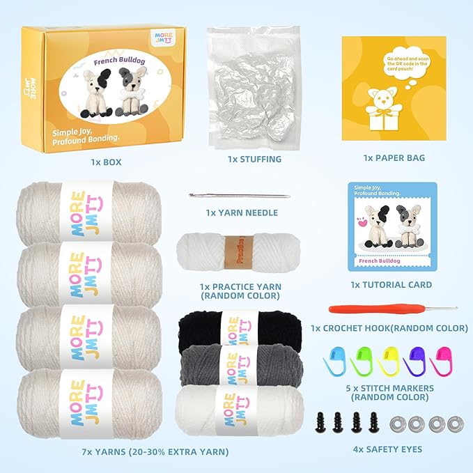 MOREJMTT Crochet Kit for Beginners Animal,Crochet Animal Kits,Crocheting Kit for Starters,Learn to Crochet with Step-by-Step Video Tutorials,Beginner Crochet Kits for Adults(2 Pack French Bulldog)