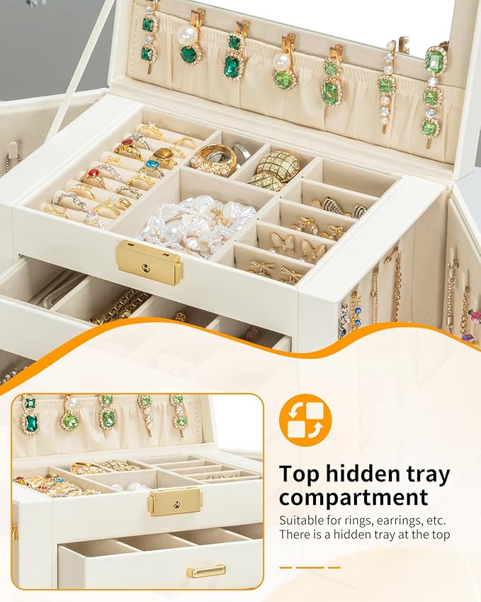 AKOZLIN Large 4-Tier Jewelry Box Leather Jewelry Storage Organizer with 3 Drawers Lockable for Women Girls Ring Necklace Earring Bracelet Watches Holder with Mirror White