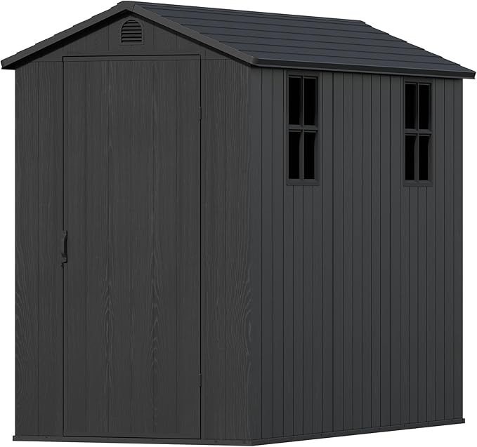 Devoko 4×8 FT Resin Outdoor Storage Shed, Garden Shed with Floor, Lockable Door and Two Windows, Waterproof Outside Plastic shed for Backyard Bike, Tools, Lawn Mower, Dark Grey