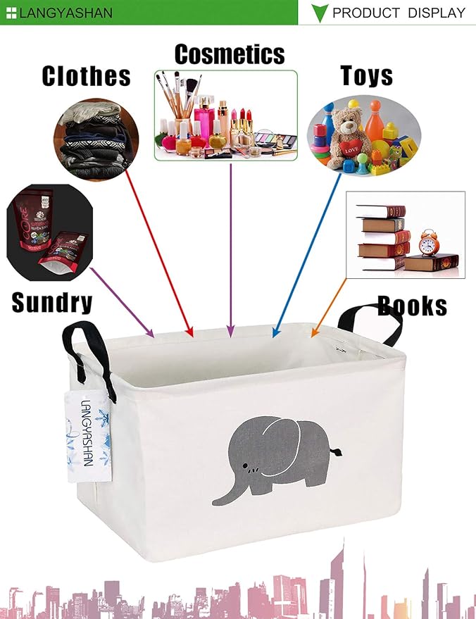 LANGYASHAN Rectangular Storage Bin Collapse Canvas Fabric Cartoon Storage Basket with Handles for Organizing Home Kitchen Boys and Girls Toys Office Closet Shelf Baskets (REC Elephant)