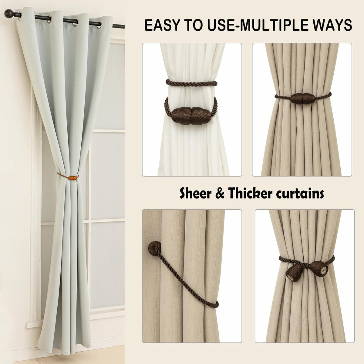 Magnetic Curtain Tiebacks Rope Tie Backs 4 Pack Decorative Window Holdbacks, Coffee