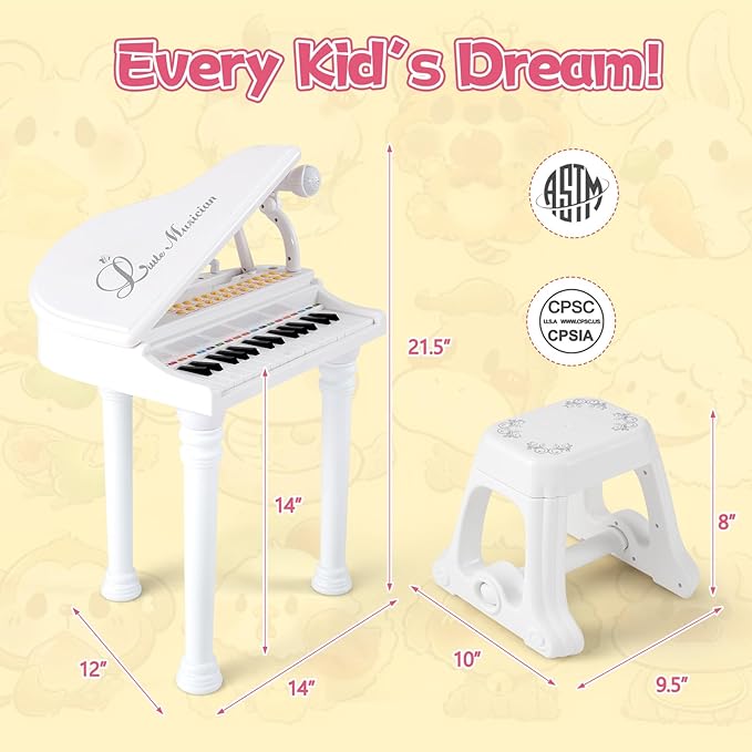 HONEY JOY Classical Kids Piano, 31-Key Toy Mini Grand Piano with Music Stand & Stool, Portable Electronic Educational Musical Instrument Toy w/ Microphone, Lights, Gift for Kids (White, 31 Keys)