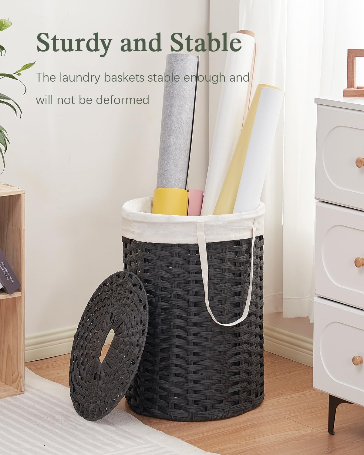 Laundry Hamper with Lid Laundry Basket with Lid 19.0 Gal (72 L) Round Wicker Laundry Basket Handwoven Rattan Basket with Lid Removable Bag 2 Mesh Bags Handles for Living Room Bathroom Black