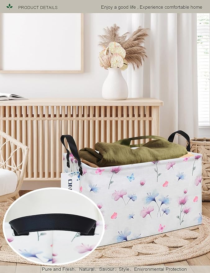 Rectangular Folding Laundry Basket,waterproof Canvas Basket,gift basket,Suitable for children's room,Office,Clothes,Toys Storage(Watermark flower)