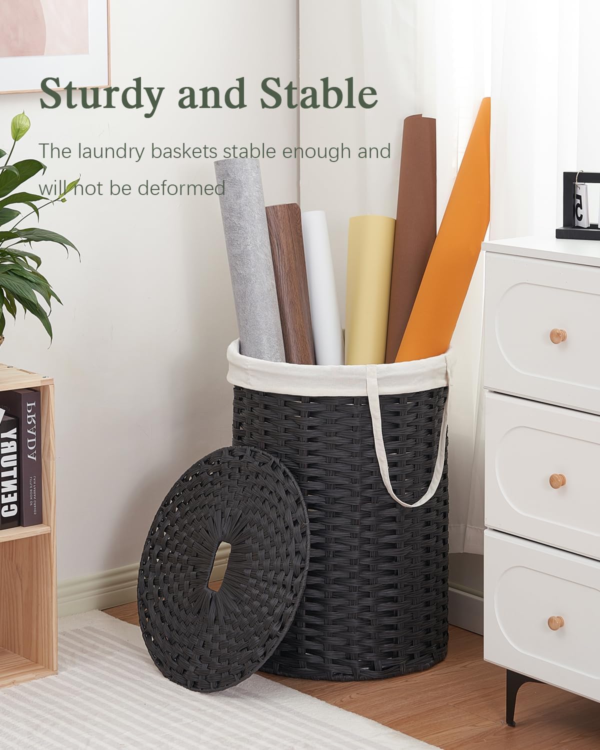 Laundry Basket with Lid Round Rattan Laundry Hamper with Lid and Handles 29.1 Gal (110 L) Handwoven Woven Basket with Removable Bags and 2 Mesh Bags for Bathroom Living Room Black