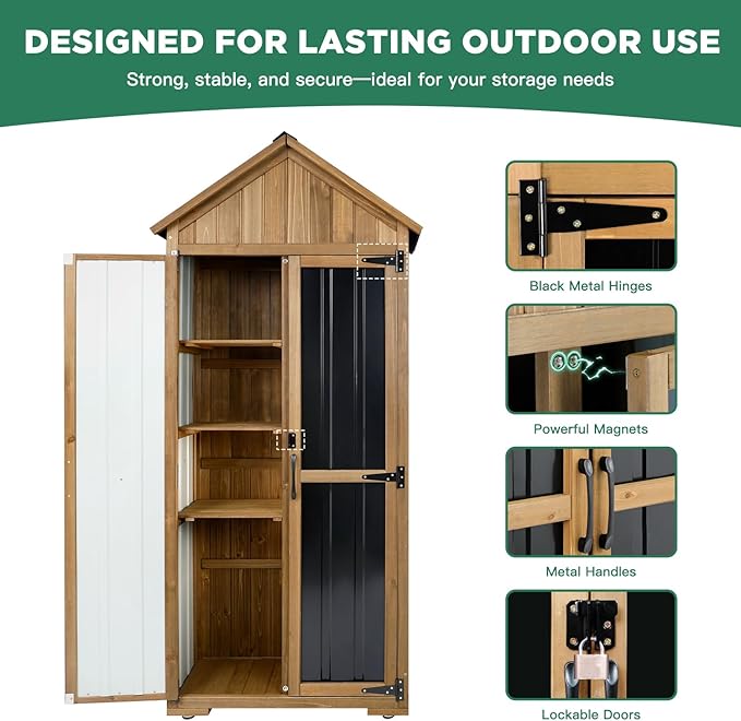 Outdoor Storage Cabinet, Wood & Metal Storage Shed with Weather-Resistant Roof, Adjustable Shelf, Lockable Doors & Adjustable Feet, for Garden, Patio, Backyard, 27.5" x 13" x 67" (Brown+Black)