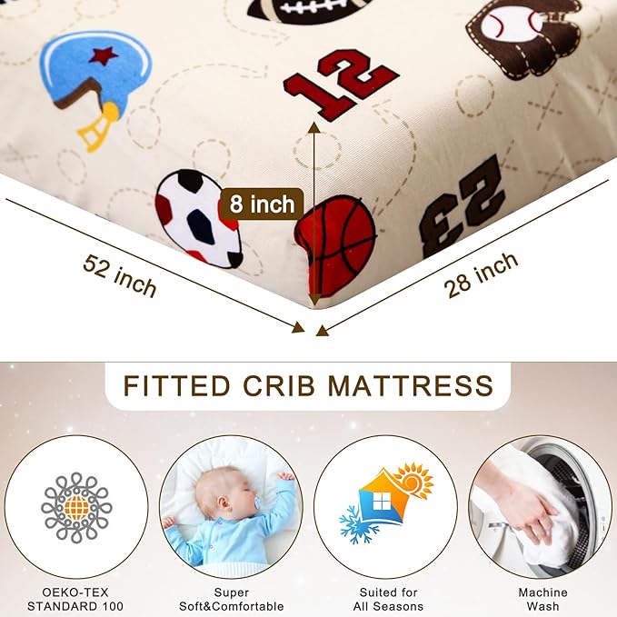 Wowelife Sports Crib Bedding Set for Boys, Premium 3-Piece Baby Bedding Set Brown Football Basketball Rugby Crib Bed Set Baseball Soft with Crib Comforter, Skirt and Sheet, Brown