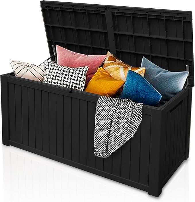 AJP Distributors 180 Gallon Outdoor Storage Box, Rain Waterproof Resin Deck Box, Lockable Large Storage Container for Patio Furniture, Cushions, Garden Tools, Sports Equipment and Pool Supplies Black