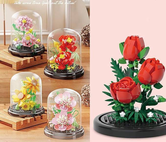 Passionate Bloom Home Bouquets Dust Cover Set Building Toy Creative Assembly Bonsai Tree, Ideal for Valentine's Anniversaries Birthday