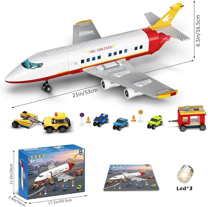 HOGOKIDS 2 Style City Airplane Building Set with LED Light - Large Plane Building Blocks Switch Passenger & Cargo Projectile Toy with 3 Cars, Planes Model Toys Gifts for Adults Boys Girls Age 6-12+