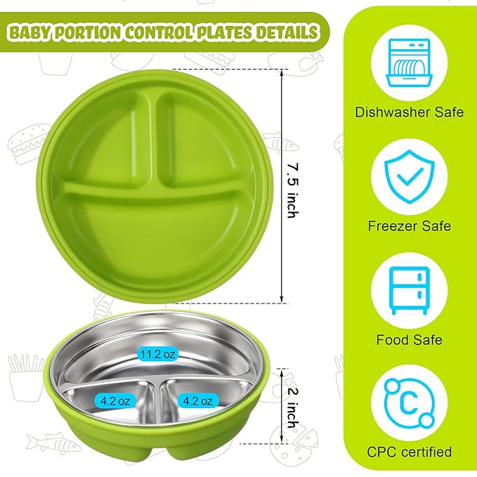 Nuogo 2 Pcs Stainless Steel Baby Suction Plates with Removable Silicone Shell 2-in-1 Metal Toddler Bowl Divided for Picky Eaters Kids Feeding Led Weaning Supplies, Dishwasher Safe (Green, Blue)